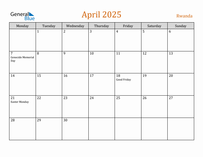 April 2025 Holiday Calendar with Monday Start