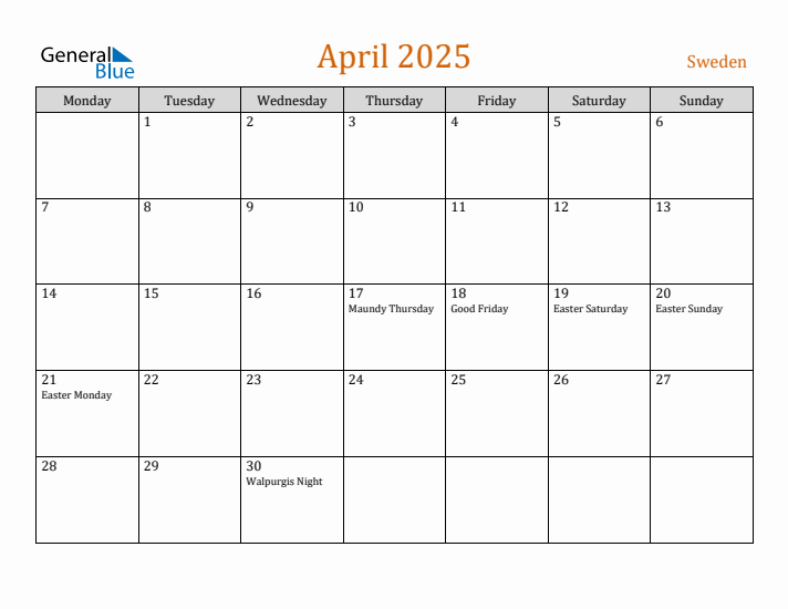 April 2025 Holiday Calendar with Monday Start