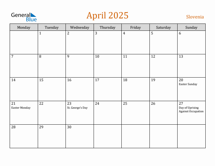 April 2025 Holiday Calendar with Monday Start