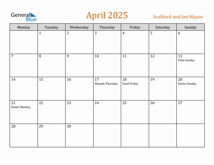 April 2025 Holiday Calendar with Monday Start