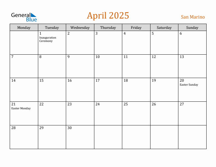 April 2025 Holiday Calendar with Monday Start