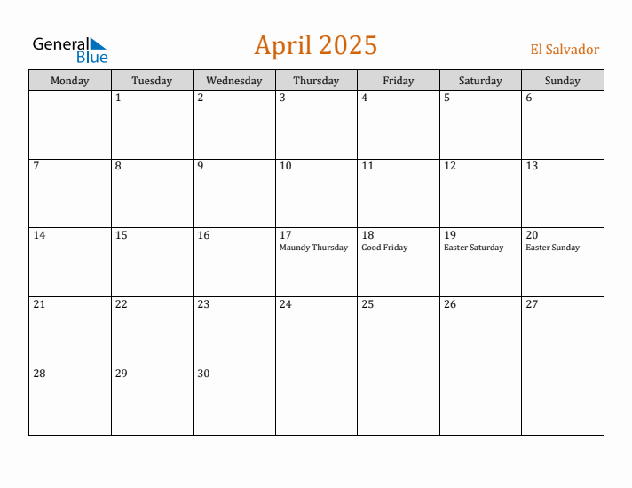 April 2025 Holiday Calendar with Monday Start