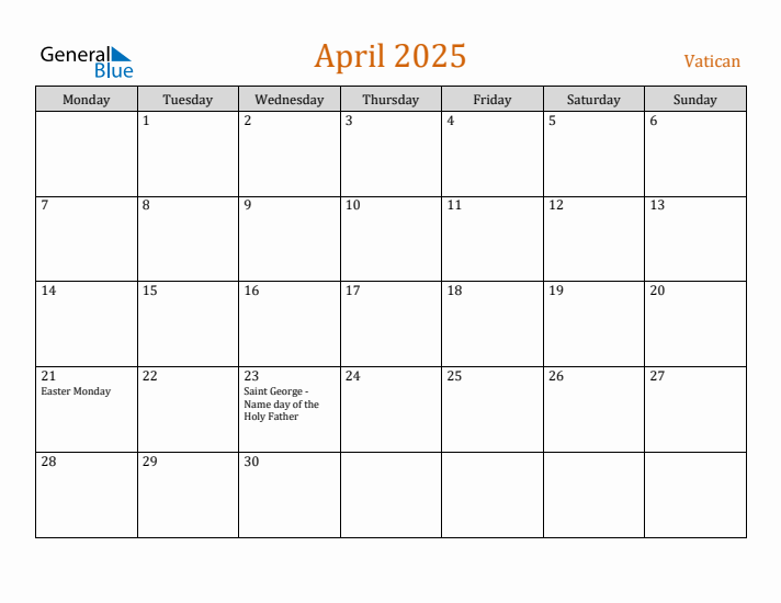 April 2025 Holiday Calendar with Monday Start