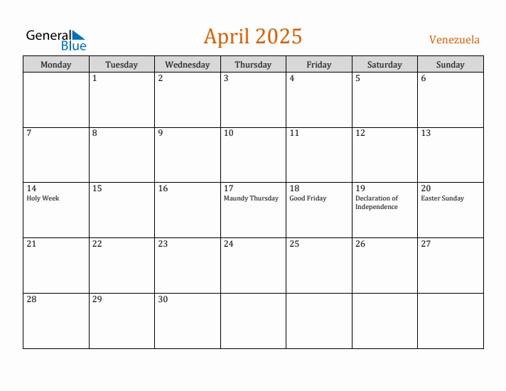 April 2025 Holiday Calendar with Monday Start