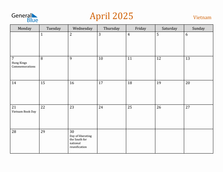 April 2025 Holiday Calendar with Monday Start