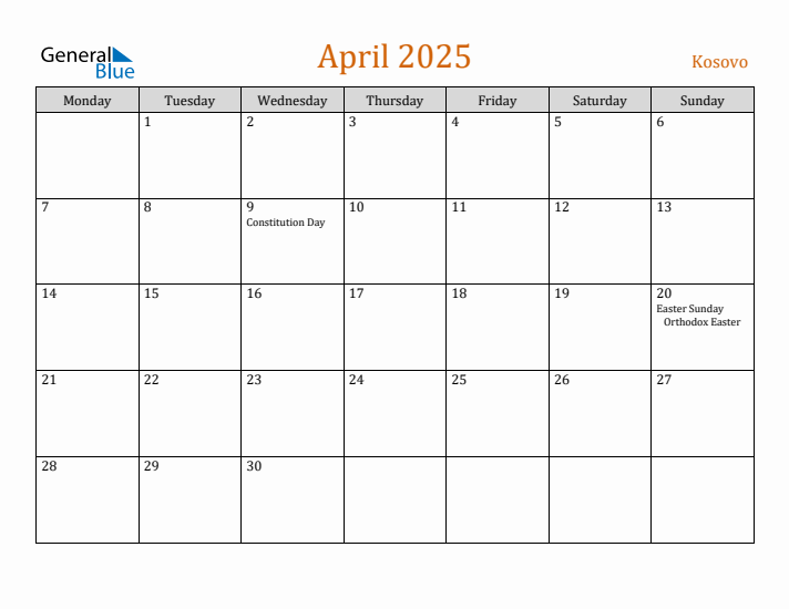 April 2025 Holiday Calendar with Monday Start