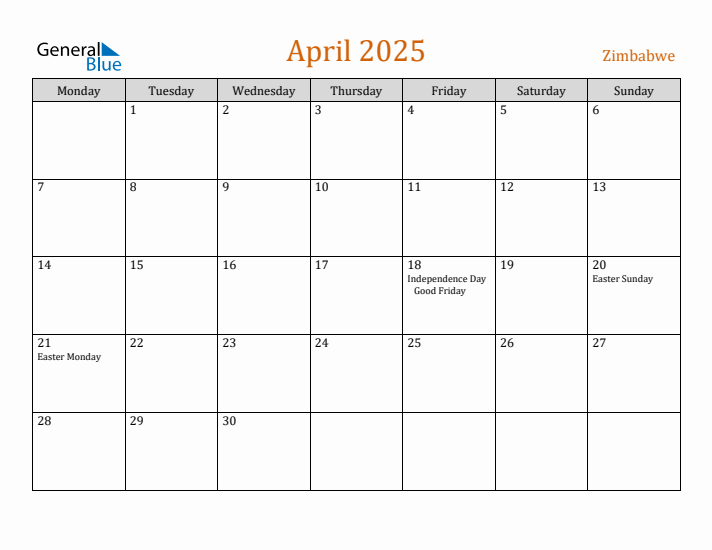 April 2025 Holiday Calendar with Monday Start