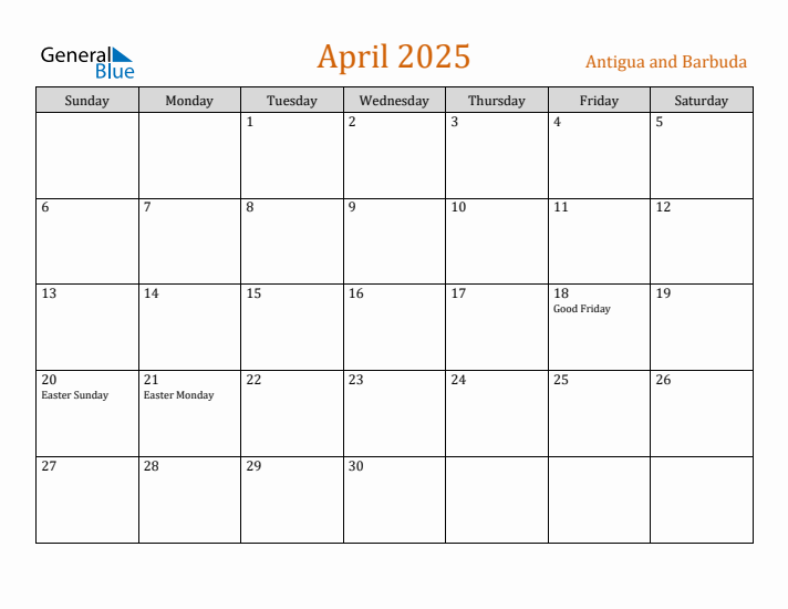 April 2025 Holiday Calendar with Sunday Start