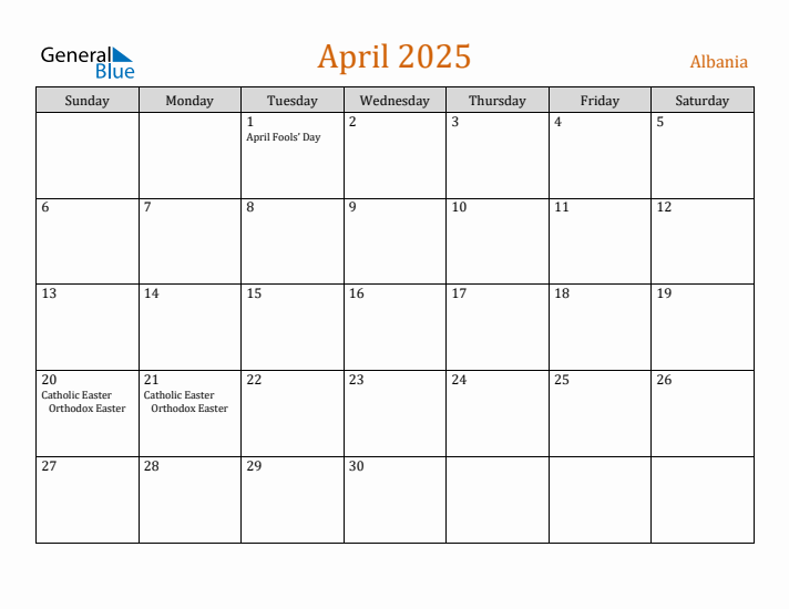 April 2025 Holiday Calendar with Sunday Start