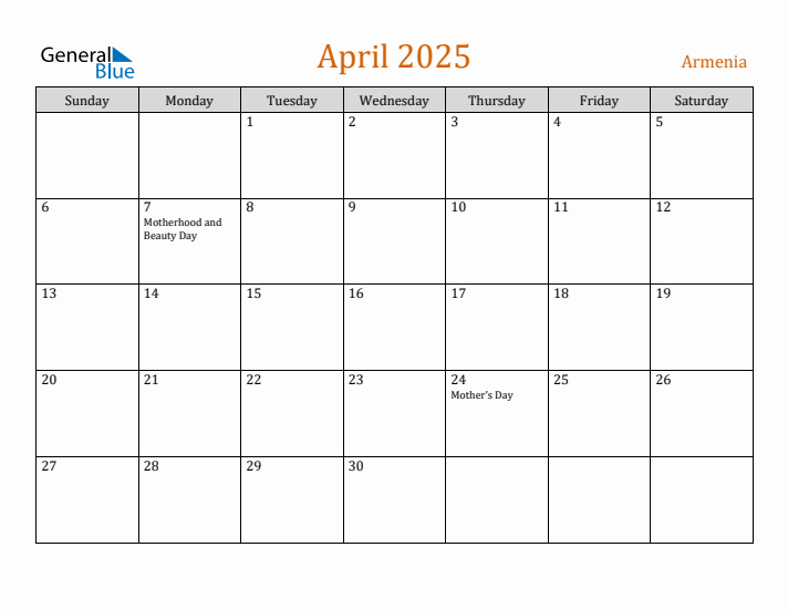 April 2025 Holiday Calendar with Sunday Start