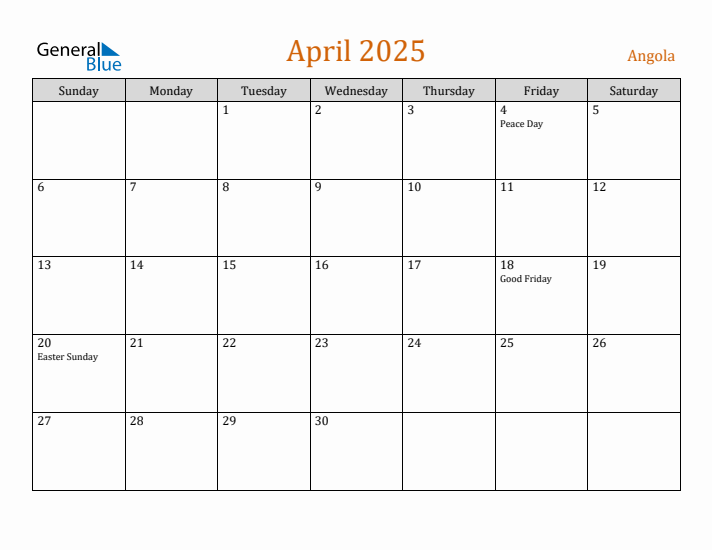 April 2025 Holiday Calendar with Sunday Start