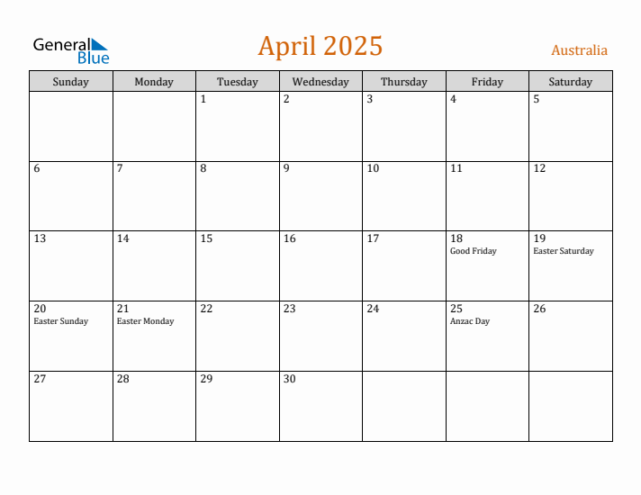 April 2025 Holiday Calendar with Sunday Start