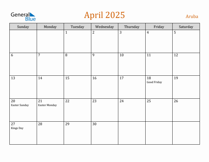 April 2025 Holiday Calendar with Sunday Start