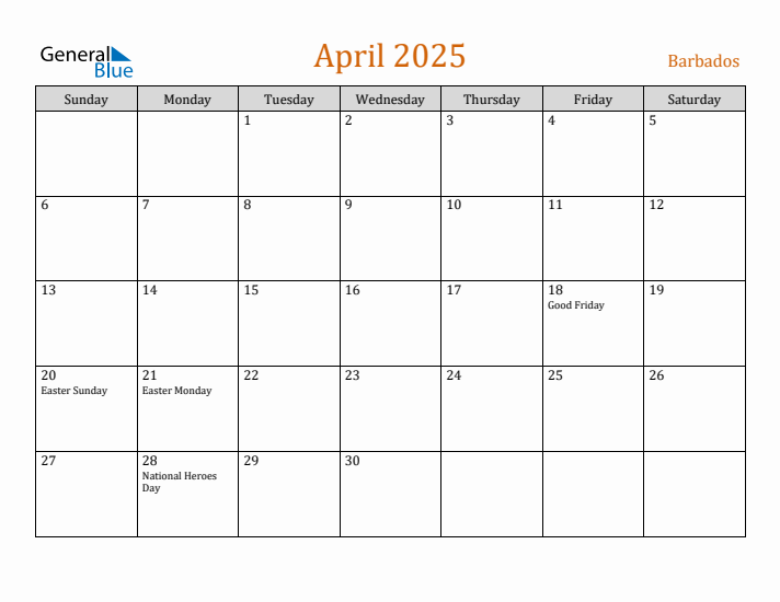 April 2025 Holiday Calendar with Sunday Start