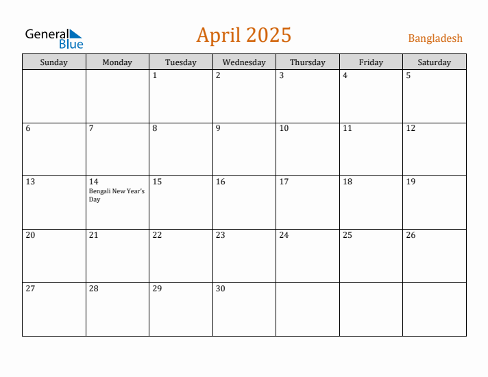 April 2025 Holiday Calendar with Sunday Start