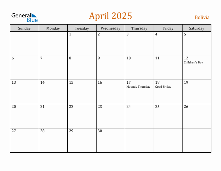 April 2025 Holiday Calendar with Sunday Start