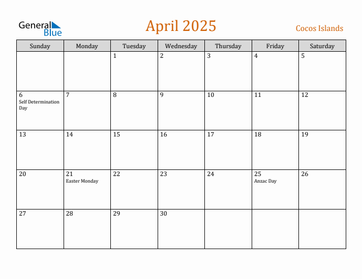 April 2025 Holiday Calendar with Sunday Start