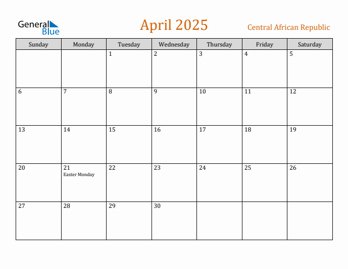 April 2025 Holiday Calendar with Sunday Start