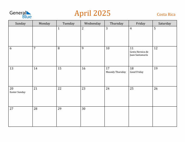 April 2025 Holiday Calendar with Sunday Start