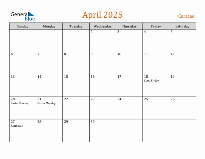 April 2025 Holiday Calendar with Sunday Start