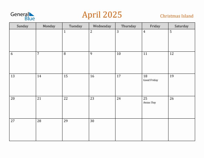 April 2025 Holiday Calendar with Sunday Start