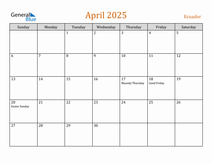 April 2025 Holiday Calendar with Sunday Start