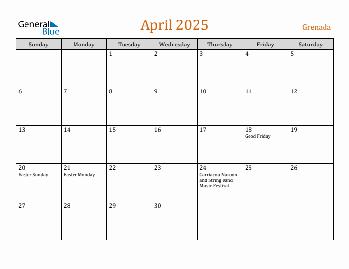 April 2025 Holiday Calendar with Sunday Start