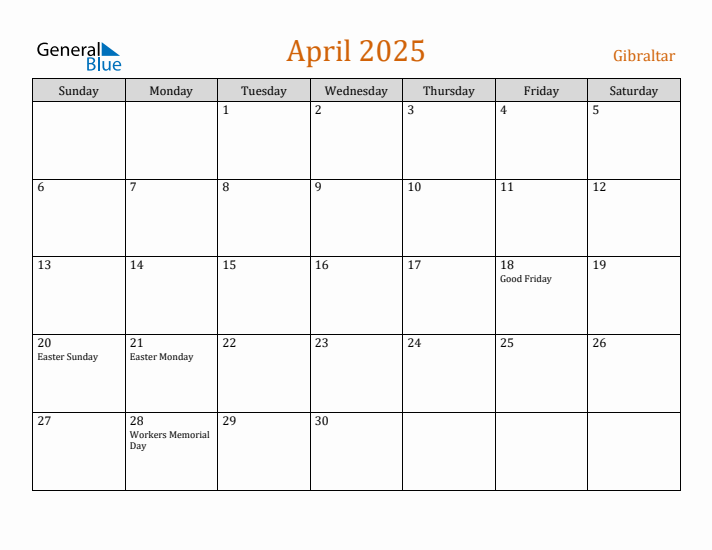 April 2025 Holiday Calendar with Sunday Start