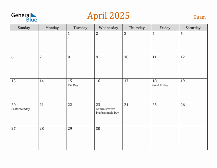 April 2025 Holiday Calendar with Sunday Start