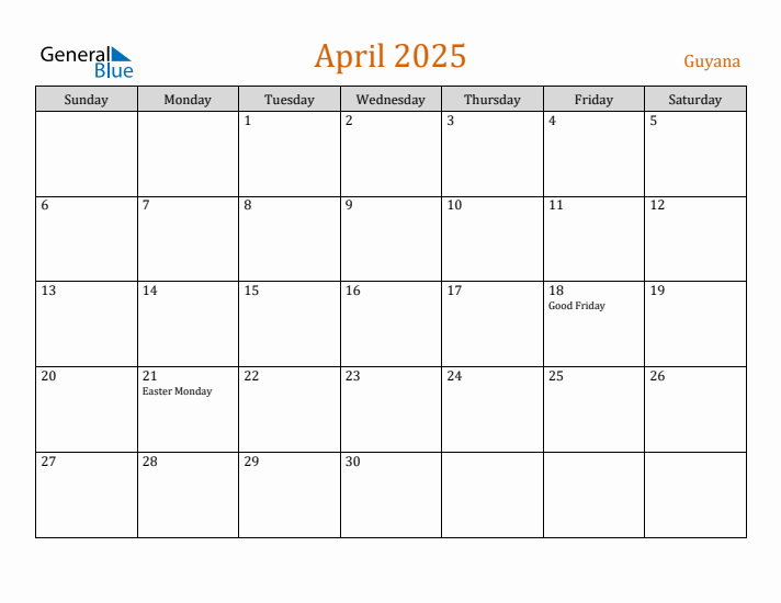 April 2025 Holiday Calendar with Sunday Start