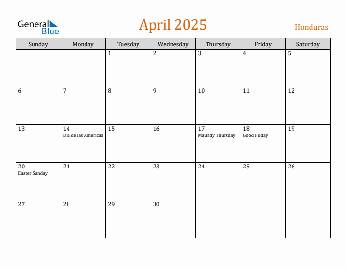 April 2025 Holiday Calendar with Sunday Start