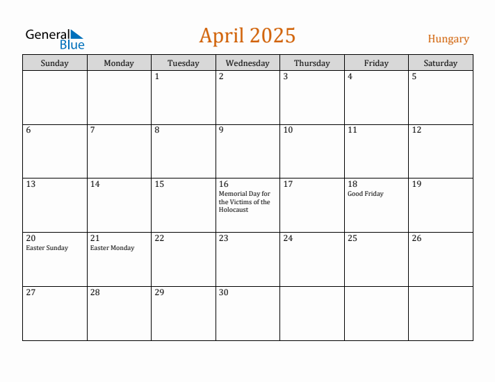 April 2025 Holiday Calendar with Sunday Start