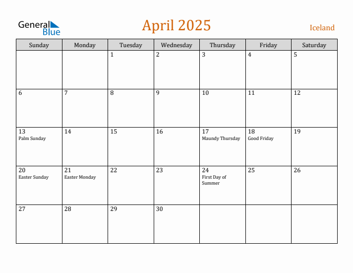 April 2025 Holiday Calendar with Sunday Start