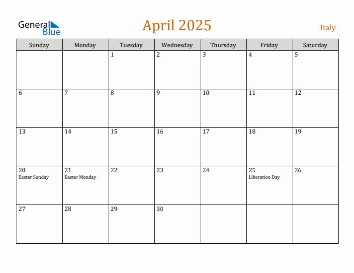 April 2025 Holiday Calendar with Sunday Start