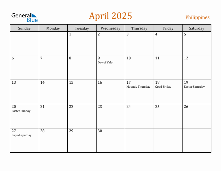 April 2025 Holiday Calendar with Sunday Start