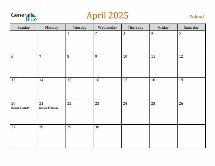 April 2025 Holiday Calendar with Sunday Start