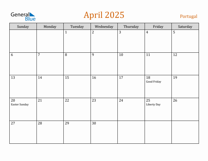 April 2025 Holiday Calendar with Sunday Start