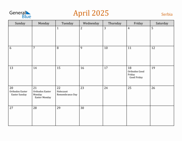 April 2025 Holiday Calendar with Sunday Start