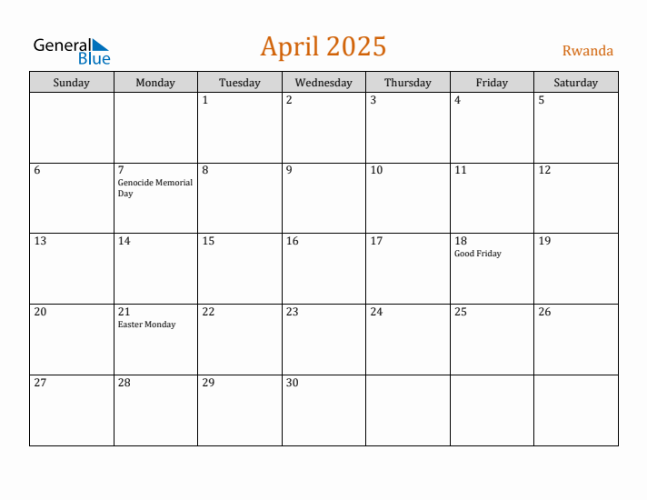 April 2025 Holiday Calendar with Sunday Start