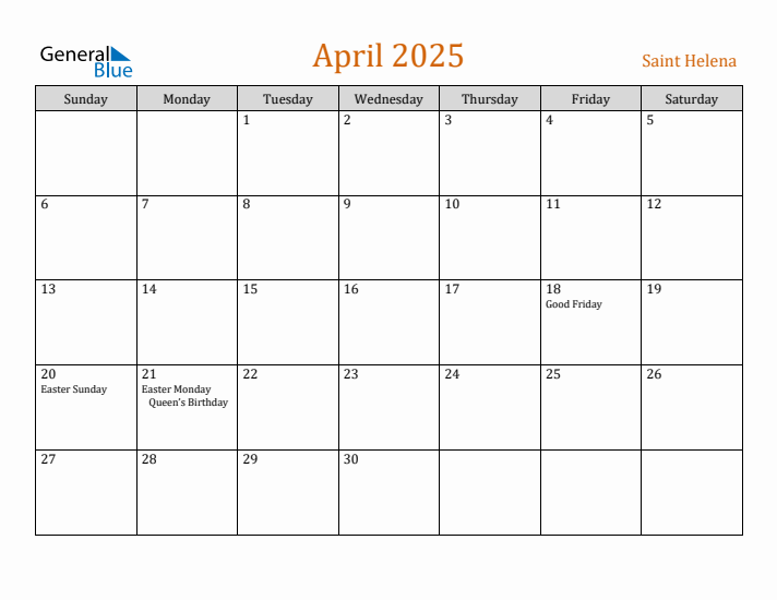 April 2025 Holiday Calendar with Sunday Start