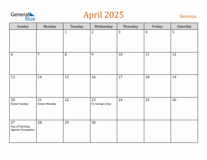 April 2025 Holiday Calendar with Sunday Start