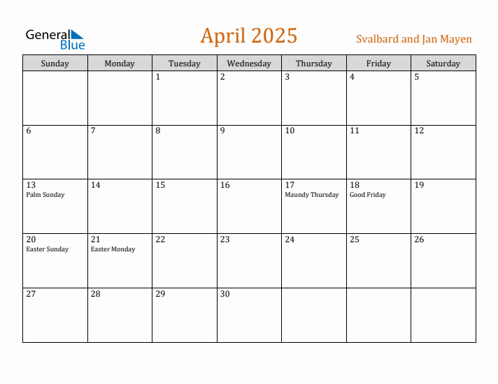 April 2025 Holiday Calendar with Sunday Start