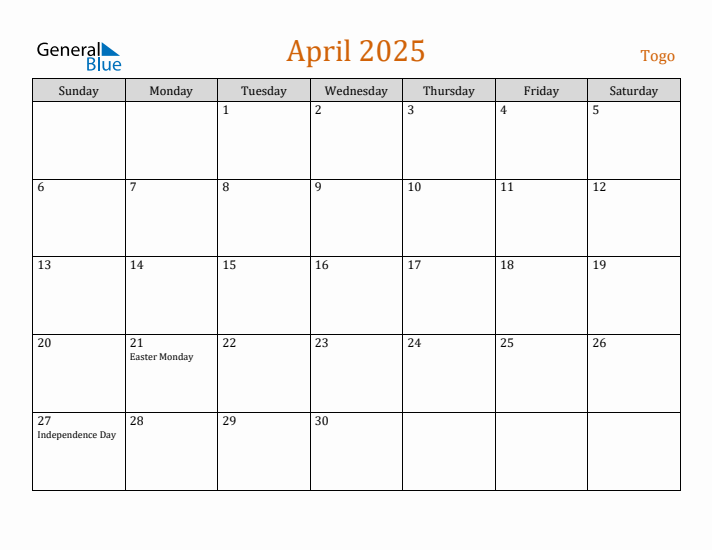 April 2025 Holiday Calendar with Sunday Start