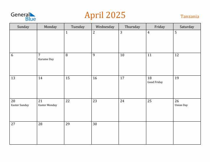 April 2025 Holiday Calendar with Sunday Start