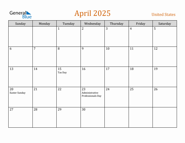 April 2025 Holiday Calendar with Sunday Start