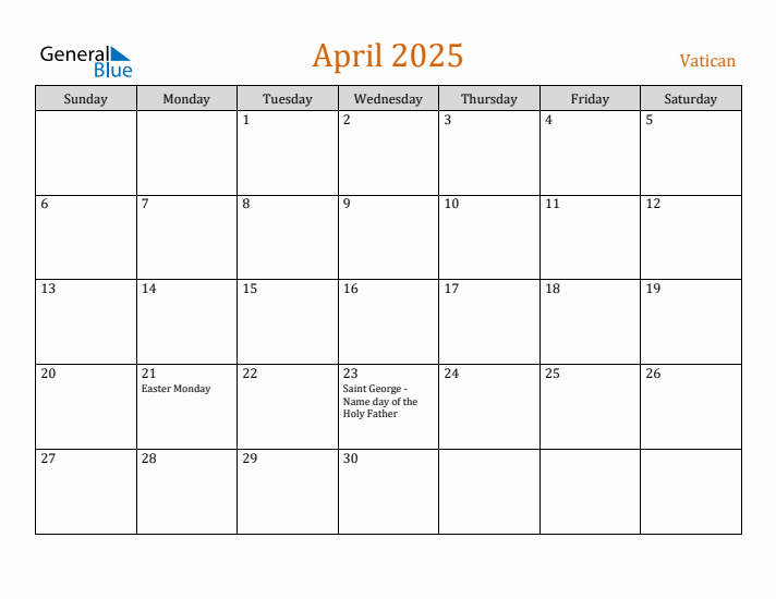 April 2025 Holiday Calendar with Sunday Start