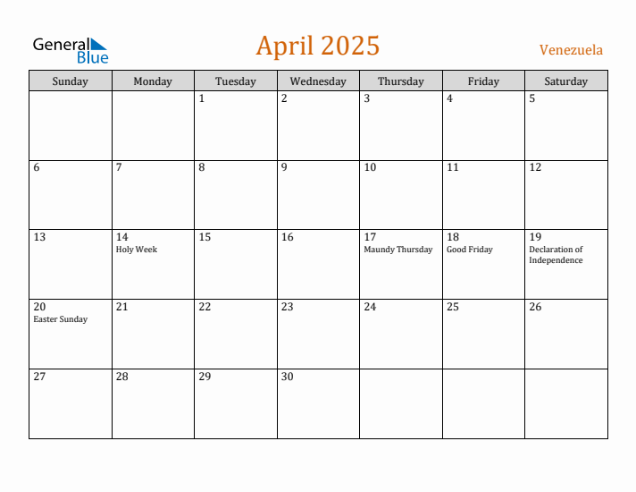 April 2025 Holiday Calendar with Sunday Start