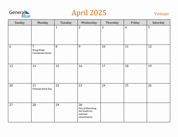 April 2025 Holiday Calendar with Sunday Start