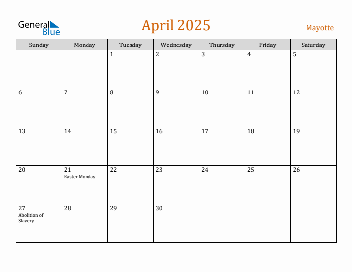 April 2025 Holiday Calendar with Sunday Start