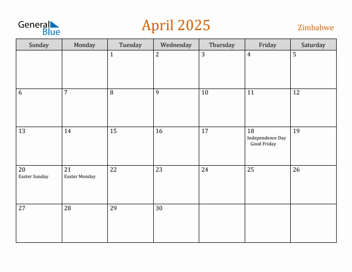 April 2025 Holiday Calendar with Sunday Start